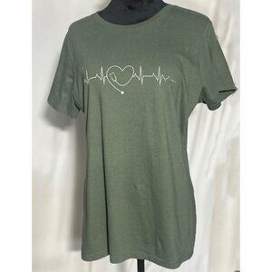 Port & Company Green T-shirt with EKG Blip and Heart, Stethoscope, Large